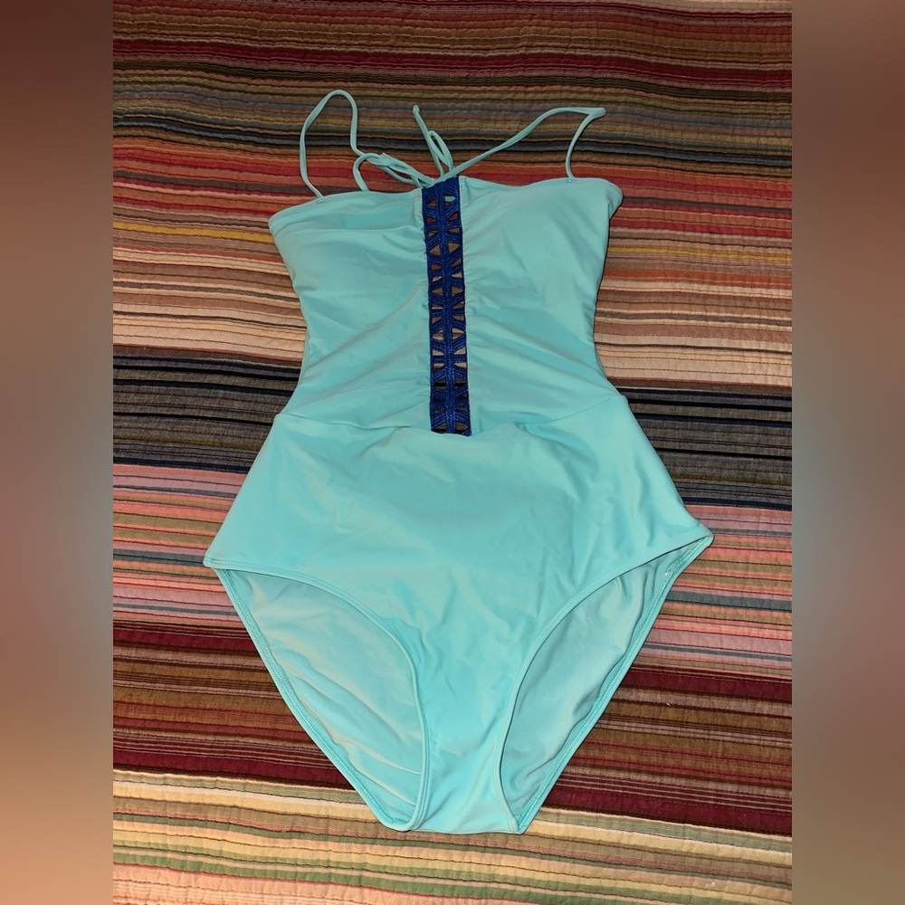 aerie Light Aqua One-Piece Swimsuit with Navy Trim